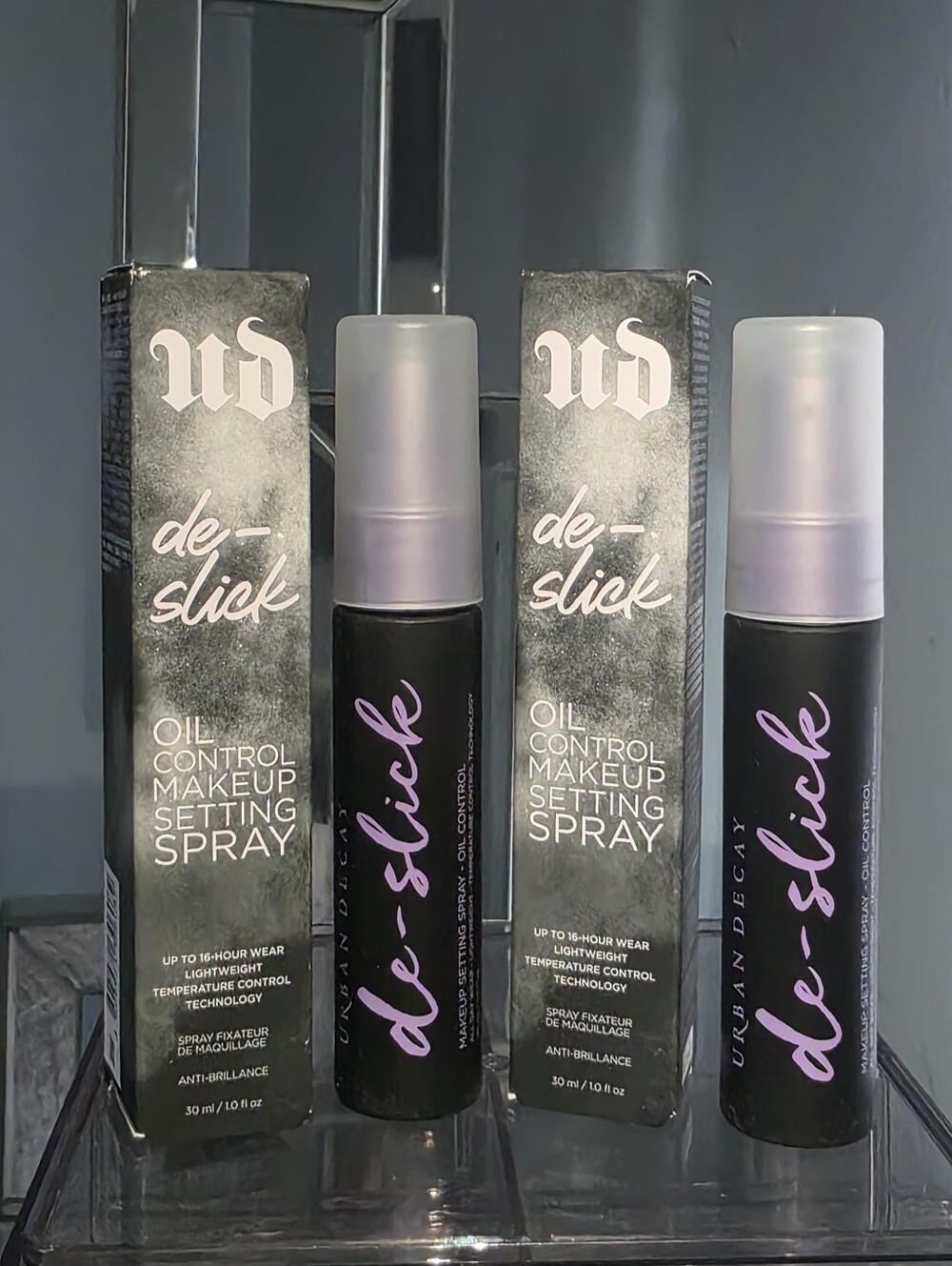 NIB Urban Decay De-Slick Makeup Setting Spray Bundle (2 Bottles, Travel 1oz)